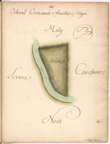 Cayet des plans et figures des prés de l'hotel Dieu de Sainte Manéhould, 1761. Plan n° 40 : Orbeval.