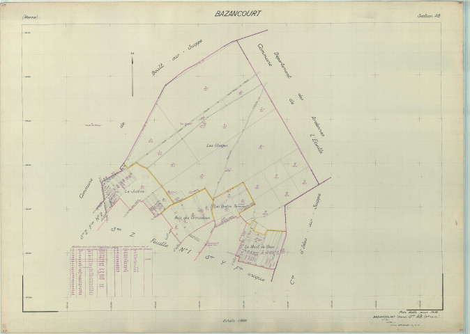 Bazancourt (51043). Section AB échelle 1/5000, plan renouvelé pour 1956, plan régulier (papier armé).