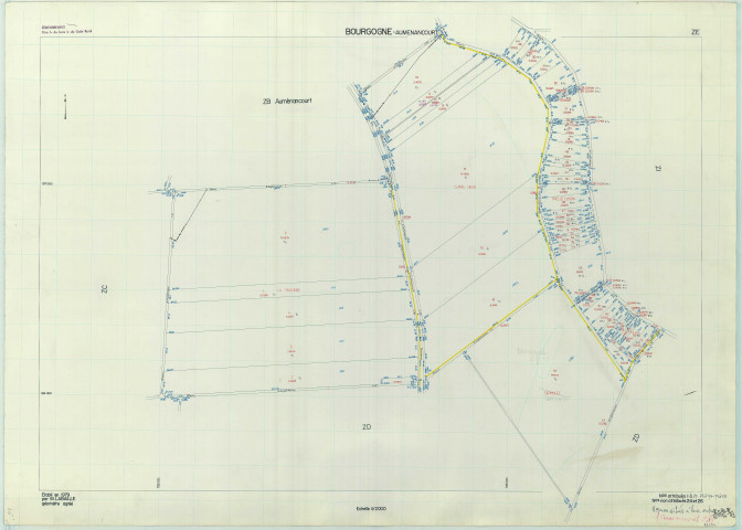 Bourgogne-Fresne (51075). Section ZE 2 échelle 1/2000, plan remembré pour 1982, contient une extension sur AuménancourtZB, plan régulier de qualité P5 (papier armé).