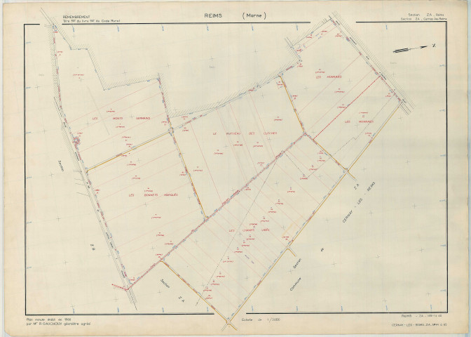 Reims (51454). Section ZA échelle 1/2000, plan remembré pour 1969, plan régulier (papier armé).