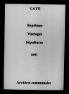 Gaye. Baptêmes, mariages, sépultures 1691
