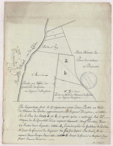 Plan d'arpentage fait le 27 septembre 1780 d'une partie au nord du Marais de Queudes.