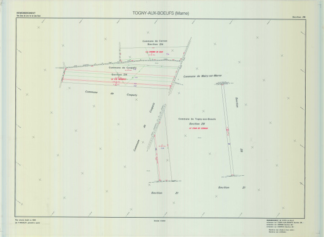 Togny-aux-Bœufs (51574). Section ZB échelle 1/2000, plan remembré pour 1999 (extensions Cernon ZN et Coupetz ZH), plan régulier (calque)
