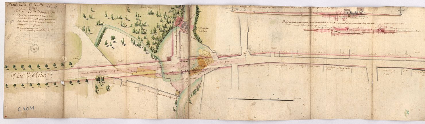 RN 51. Isles-sur-Suippes . Plan de traverse du village d' Ile grande route de Reims à Rethel, 1783.