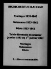 Bignicourt-sur-Marne. Naissances, mariages, décès et tables décennales des naissances, mariages, décès 1853-1862
