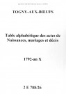 Togny-aux-Boeufs. Tables alphabétiques des actes de naissances, mariages, décès 1792-an X