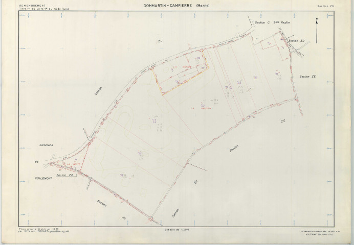 Dommartin-Dampierre (51211). Section ZK échelle 1/2000, plan remembré pour 1979 (extension sur Voilemont section ZB), plan régulier (papier armé)