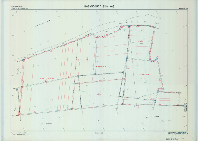Bazancourt (51043). Section ZM échelle 1/2000, plan remembré pour 1993, plan régulier de qualité P5 (calque).