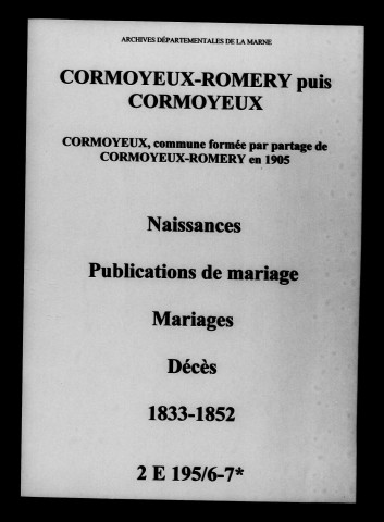 Cormoyeux-Romery. Naissances, publications de mariage, mariages, décès 1833-1842
