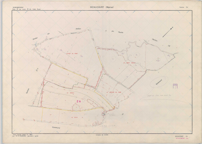 Gizaucourt (51274). Section ZH échelle 1/2000, plan remembré pour 1970 (extension sur Voilemont section ZA), plan régulier (papier armé)