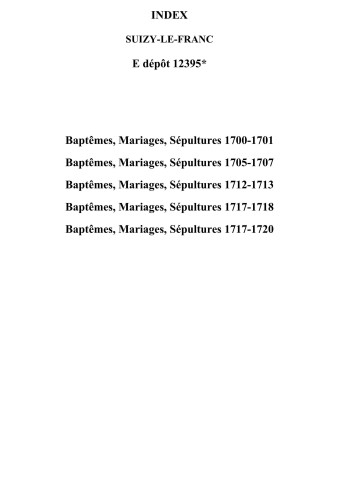 Suizy-le-Franc. Baptêmes, mariages, sépultures 1700-1720