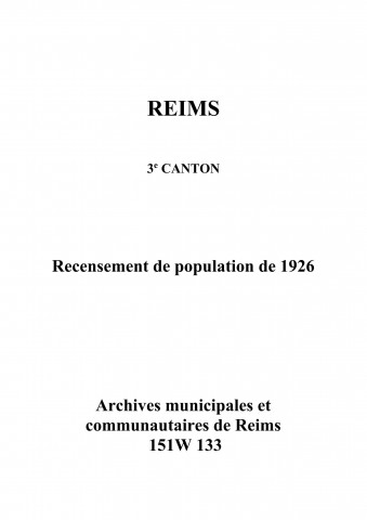 Reims, 3e canton. Dénombrement de la population 1926