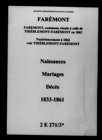 Farémont. Naissances, mariages, décès 1833-1861