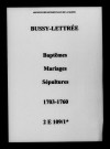 Bussy-Lettrée. Baptêmes, mariages, sépultures 1703-1760