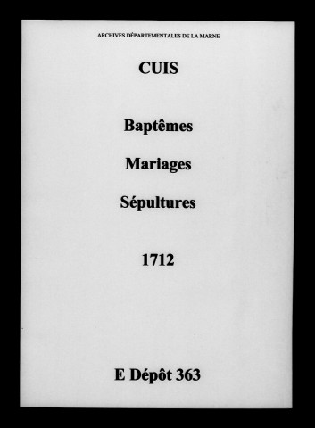 Cuis. Baptêmes, mariages, sépultures 1712