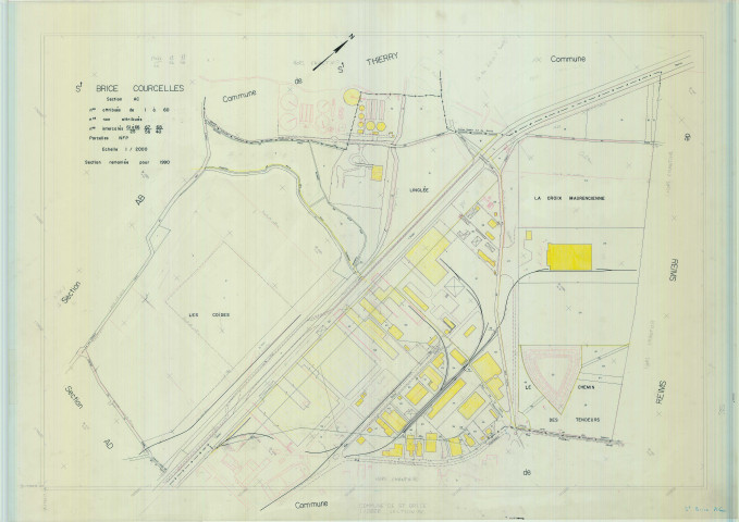 Saint-Brice-Courcelles (51474). Section AC échelle 1/2000, plan remanié pour 1990, plan régulier de qualité P5 (calque).