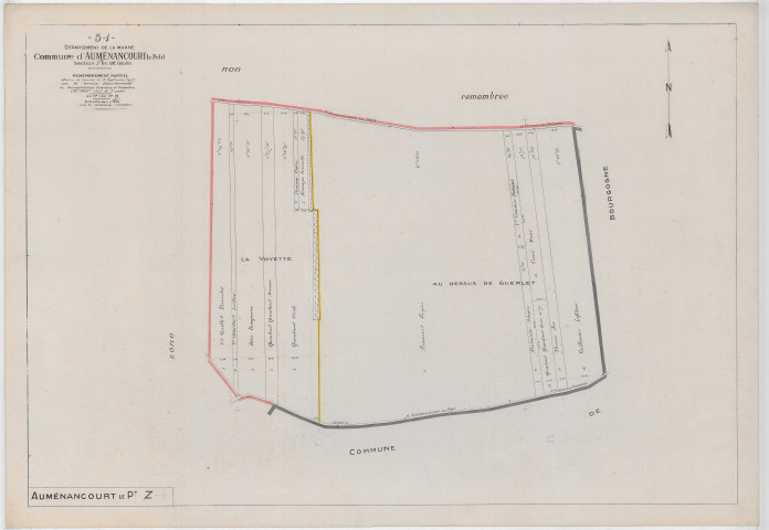 Auménancourt (51025). Section Z échelle 1/1250, plan remembré pour 1921, ancienne commune de Auménancourt-le-Petit, plan non régulier (papier).