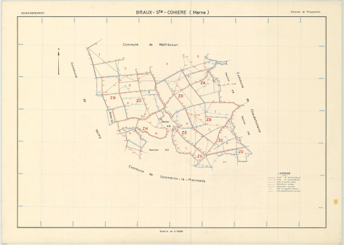 Braux-Sainte-Cohière (51082). Tableau d'assemblage 1 échelle 1/10000, plan remembré pour 1969 (canevas de Polygonation), plan régulier (papier)
