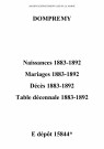 Dompremy. Naissances, mariages, décès et tables décennales des naissances, mariages, décès 1883-1892