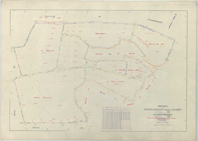 Châtelraould-Saint-Louvent (51134). Section ZC échelle 1/2000, plan remembré pour 1966 (extension sur Courdemanges section ZC), plan régulier (papier armé)