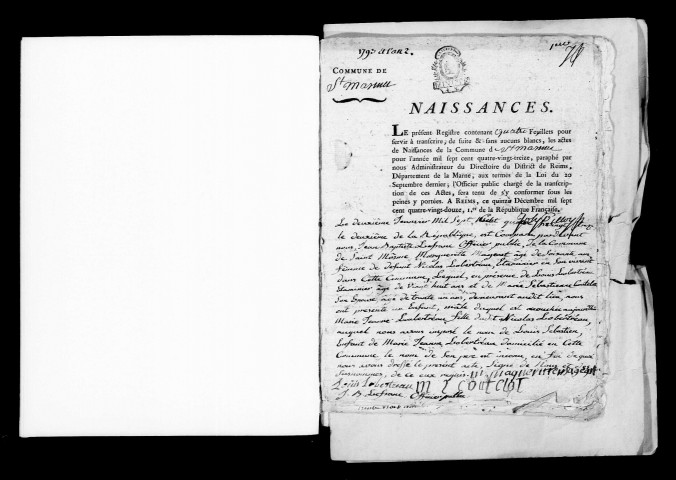 Saint-Masmes. Naissances, mariages, décès 1793-an X