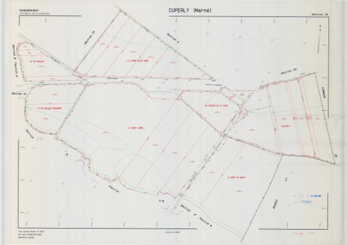 Cuperly (51203). Section ZW échelle 1/2000, plan remembré pour 2004 (remembrement intercommunal Plaine Champenoise), plan régulier (calque)