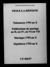 Nesle-la-Reposte. Naissances, mariages, décès, publications de mariage 1793-an X
