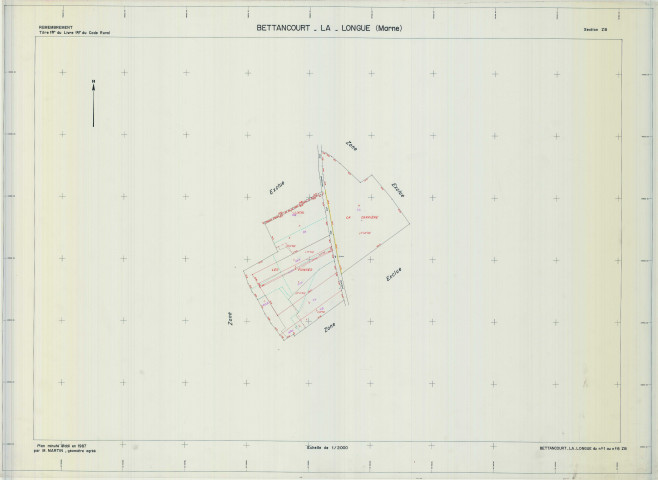 Bettancourt-la-Longue (51057). Section ZB échelle 1/2000, plan remembré pour 1987, plan régulier (calque)