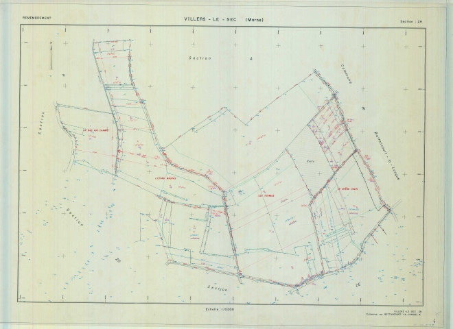 Villers-le-Sec (51635). Section ZH échelle 1/2000, plan remembré pour 1988 (extension sur Bettancourt-la-Longue A), plan régulier (calque)