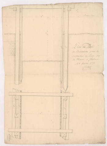 Plan et profil du Batardeau pour la construction du pont sur la Marne à Chalons par Coluel, 1778.