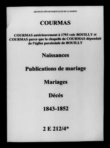Courmas. Naissances, publications de mariage, mariages, décès 1843-1852