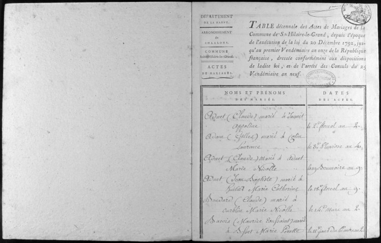 Saint-Hilaire-le-Grand. Tables de l'Ancien Régime et de la Révolution. Mariages 1792-an X