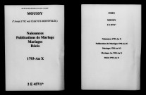 Moussy. Naissances, publications de mariage, mariages, décès 1793-an X
