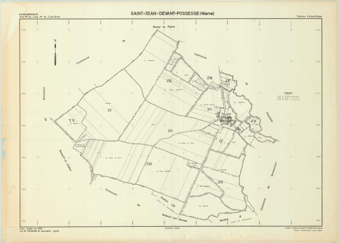 Saint-Jean-devant-Possesse (51489). Tableau d'assemblage échelle 1/5000, plan remembré pour 1975, plan régulier (papier)