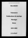 Tramery. Naissances, publications de mariage, mariages, décès 1833-1842
