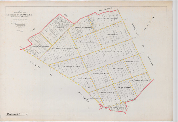 Pomacle (51439). Section U2 2 échelle 1/2500, plan remembré pour 1921, plan régulier (papier).