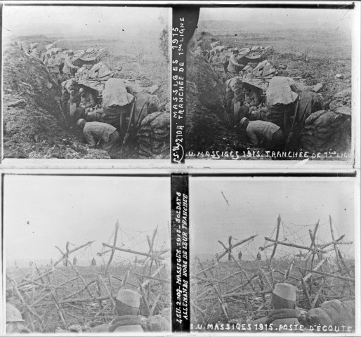 Massiges 1915 Tranchée de 1ère ligne (vue 1). Massiges 1915. Soldats allemands hors de leur tranchée (vue 2)