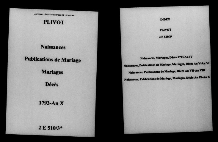 Plivot. Naissances, publications de mariage, mariages, décès 1793-an X