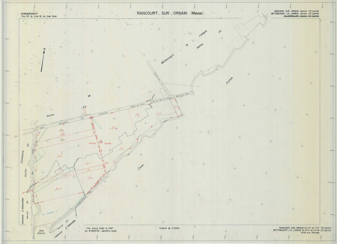 Bettancourt-la-Longue (51057). Section ZD échelle 1/2000, plan remembré pour 1987 (parcelles de 41 à 48, extension sur Rancourt-sur-Ornain section YD), plan régulier (calque)