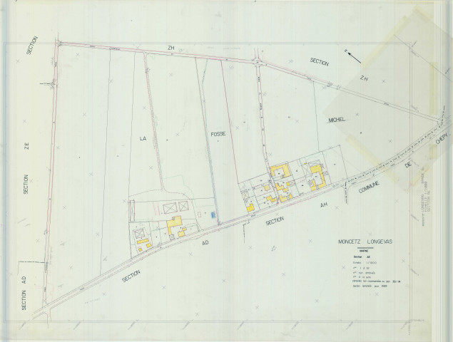 Moncetz-Longevas (51372). Section AE échelle 1/1000, plan remanié pour 1989, plan régulier (calque)