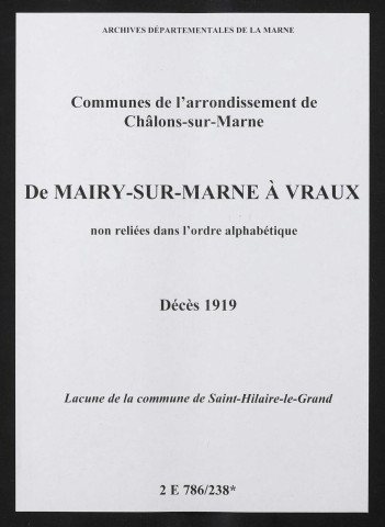 Communes de Mairy-sur-Marne à Vraux de l'arrondissement de Châlons. Décès 1919