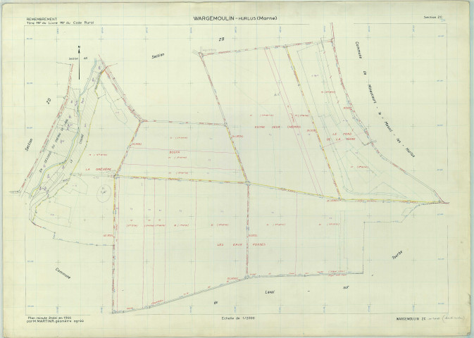 Wargemoulin-Hurlus (51659). Section ZC échelle 1/2000, plan remembré pour 1966, plan régulier (papier armé)