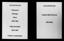 Alliancelles. Naissances, mariages, décès et tables décennales des naissances, mariages, décès 1853-1862