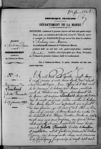 Aulnay-sur-Marne. Naissances 1892
