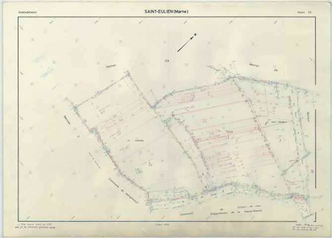 Saint-Eulien (51478). Section ZD échelle 1/2000, plan remembré pour 1975, plan régulier (papier armé)