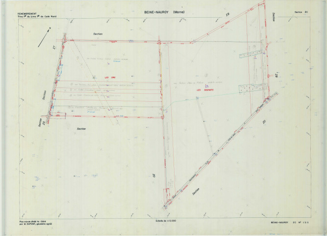 Beine-Nauroy (51046). Section ZC échelle 1/2000, plan remembré pour 1988, plan régulier de qualité P5 (calque).