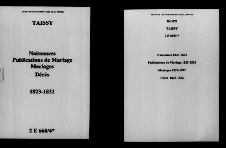 Taissy. Naissances, publications de mariage, mariages, décès 1823-1832