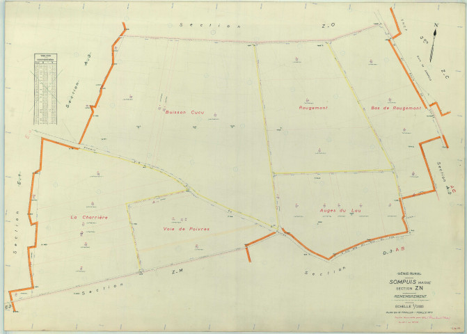 Sompuis (51550). Section ZN échelle 1/2000, plan remembré pour 1962, plan régulier (papier armé)