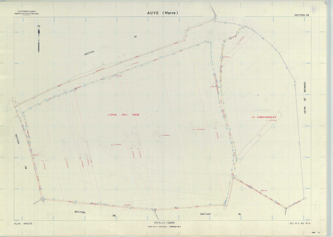 Auve (51027). Section YD échelle 1/2000, plan remembré pour 1950, plan régulier (papier armé)