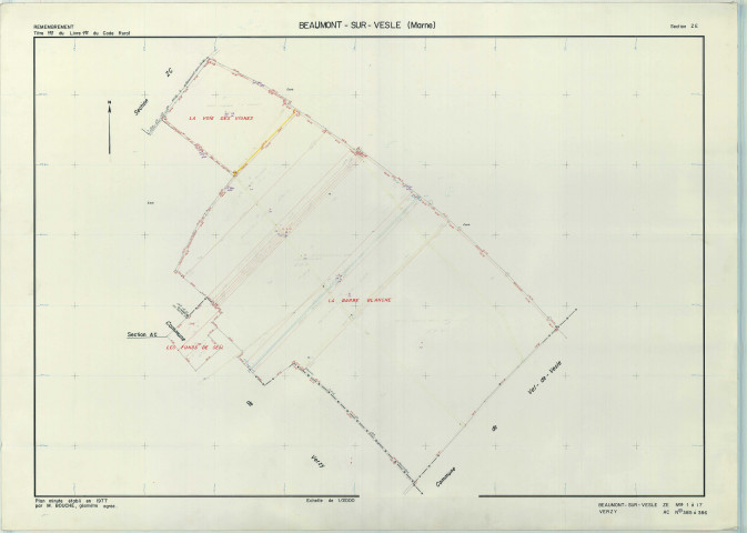 Beaumont-sur-Vesle (51044). Section ZE échelle 1/2000, plan remembré pour 1977, plan régulier (papier armé).